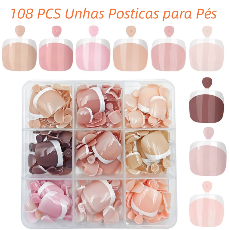 Unhas Posticas para Pés Decoradas Curtas Francesinha 108 Peças 9 Cores Diferentes