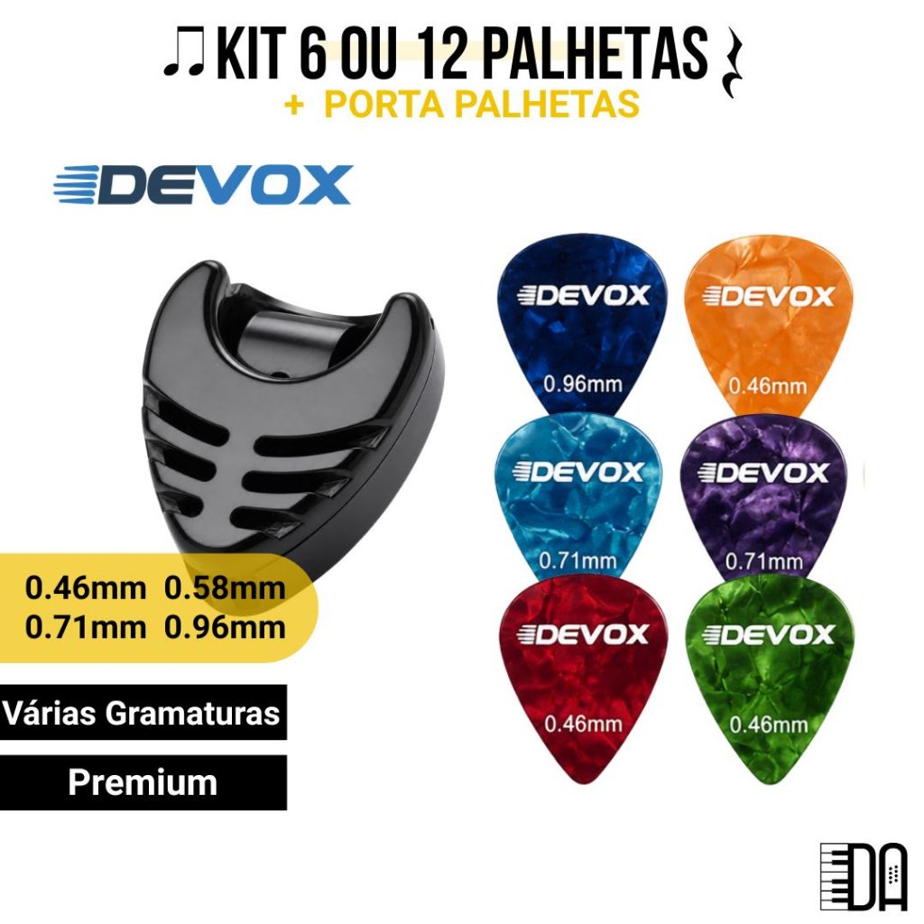 Kit 6 ou 12 Palhetas Devox e Porta Palhetas para Violão e Guitarra Várias Gramaturas