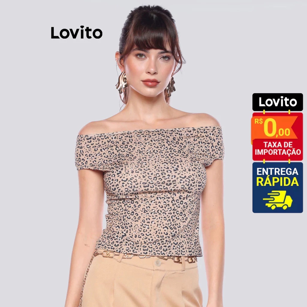 Lovito Kit 2 Tops Feminino Ombro de Fora Estampado e Liso