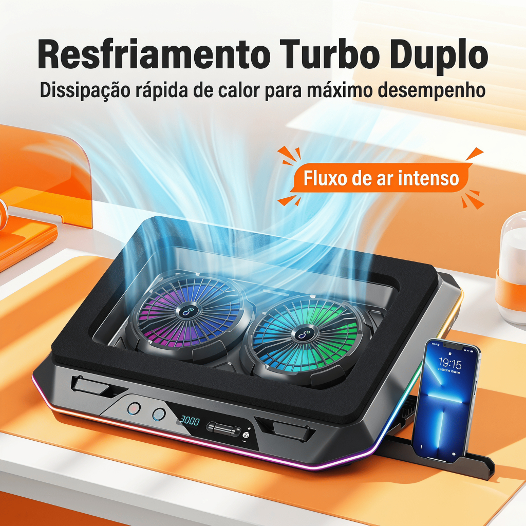 Suporte Base Gamer para Notebook Refrigeração RGB Ajuste Ergonômico e Tamanho GG 3000rpm (DELTA-B3126GG)