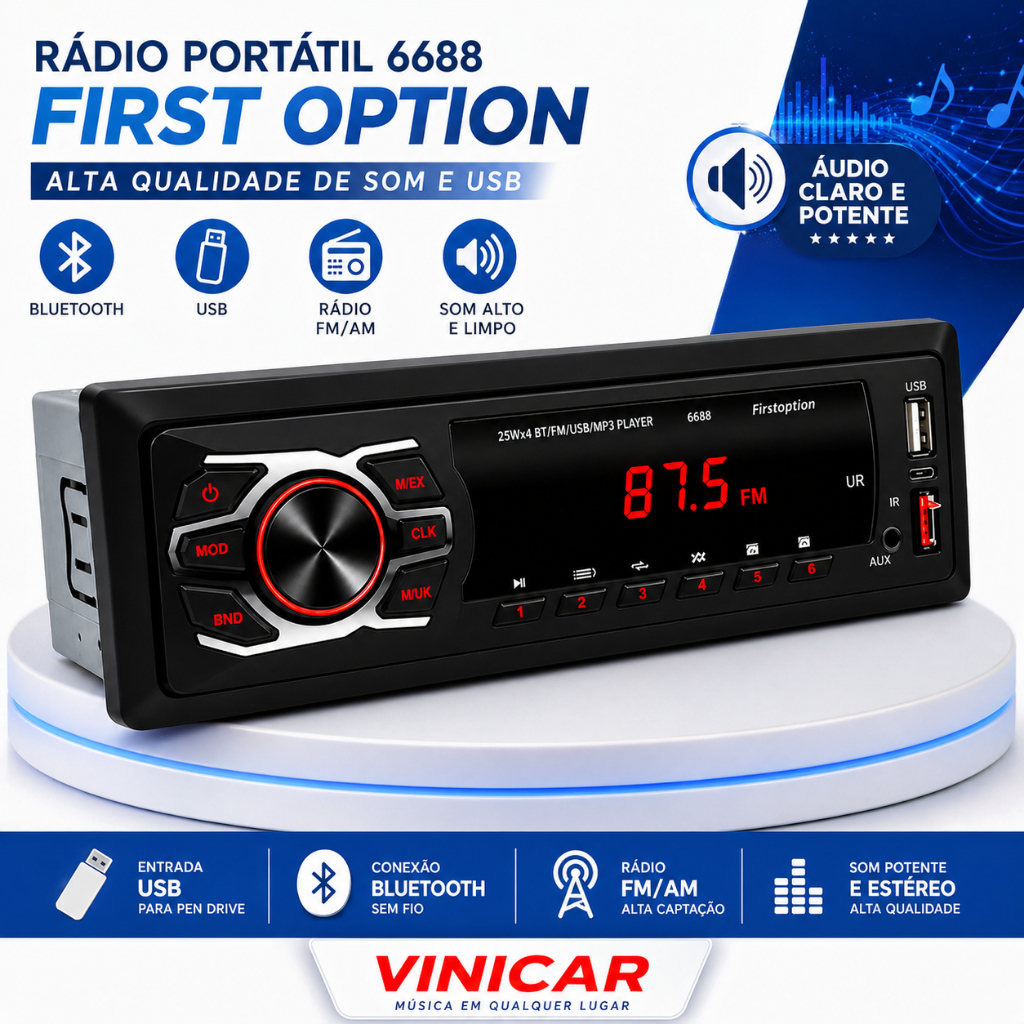Mp3 Player First Option 6655 1 Din Usb Pen Drive  Som Automotivo Radio Bluetooth 25w Bt Carr