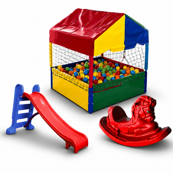Piscina de Bolinhas Quadrada Nacional Premium + Escorregador Médio + Gangorra 1 Lugar