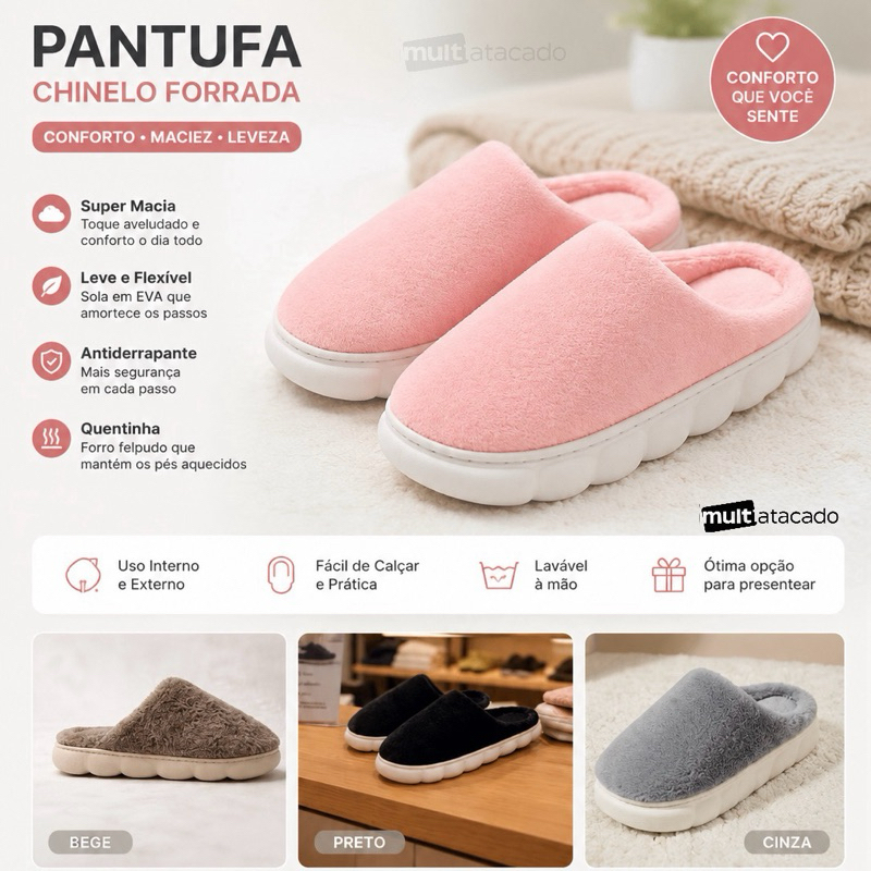 Pantufa Chinelo Masculino E Feminino Forrado Quentinha Antiderrapante Leve e Confortável