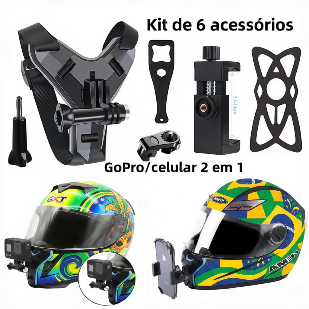Três cores 6 kits Suporte Camera Celular Capacete Queixo(GoPro/SJCAM) e Smartphones - Ideal para Motociclismo e Aventura