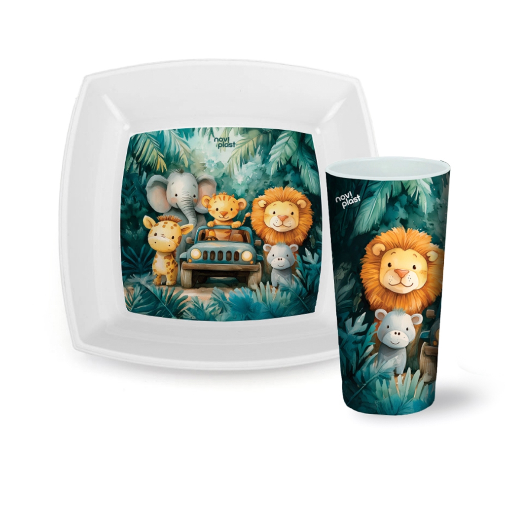Kit Lanche Infantil Safari Baby Colorido 2 Peças Copo Prato