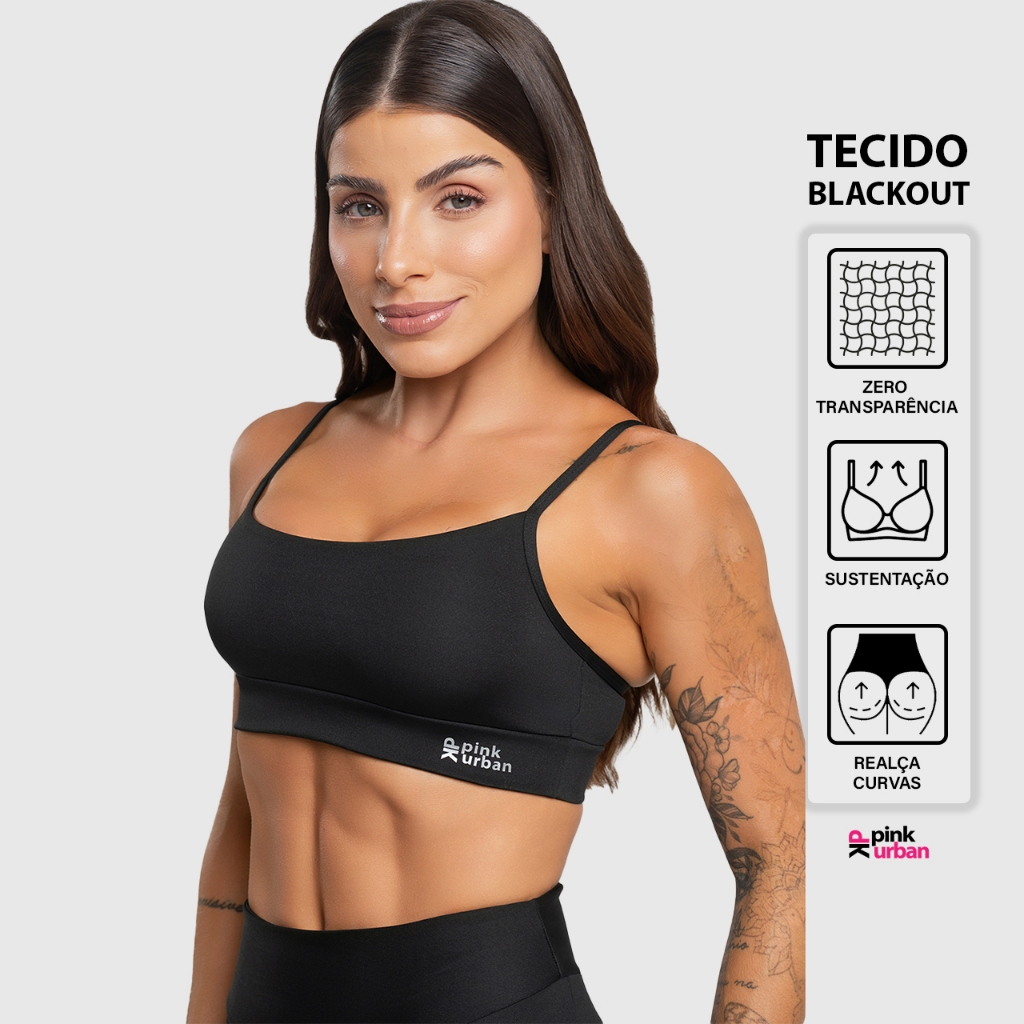 Imagem Top Fitness Feminino Alça Sustentação Entrada Bojo Balance Blackout Zero Transparência