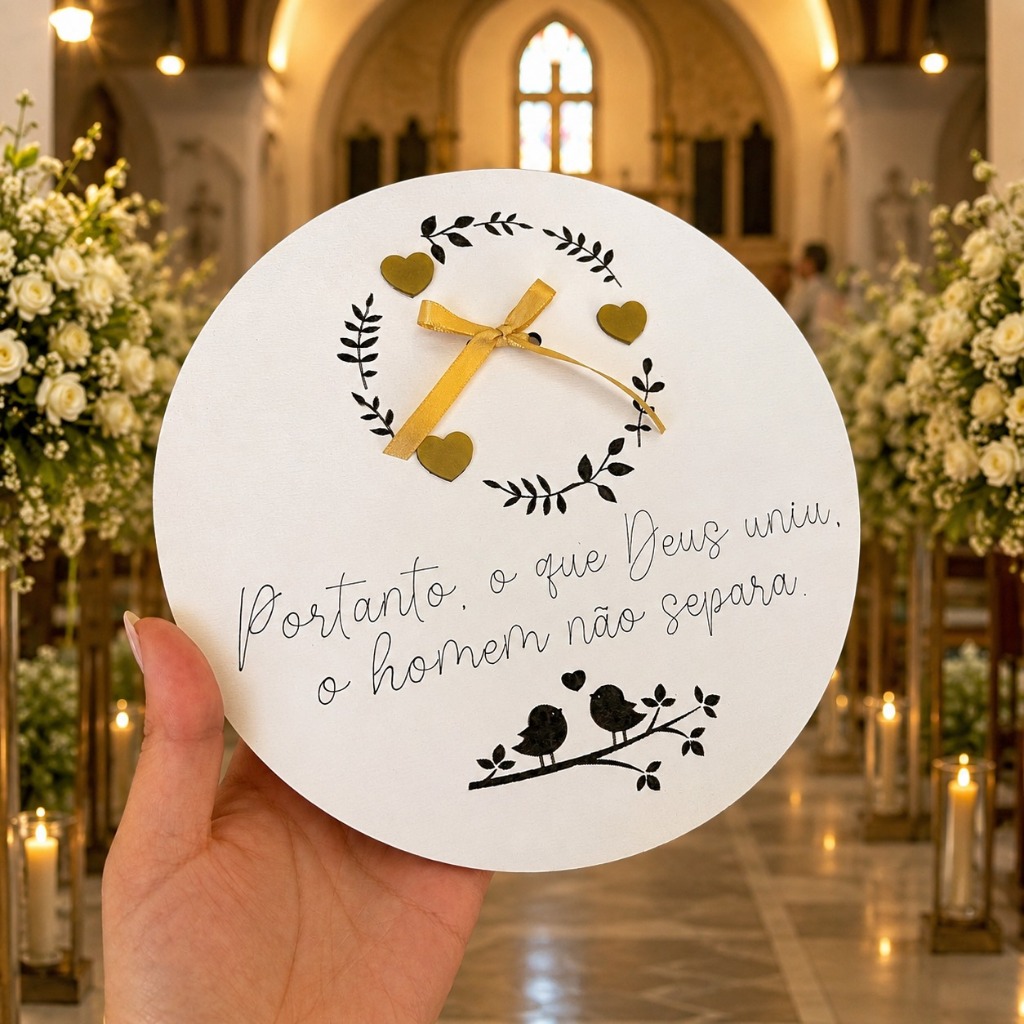 Porta Aliança Branco Casamento MDF Minimalista Luxo Cristão