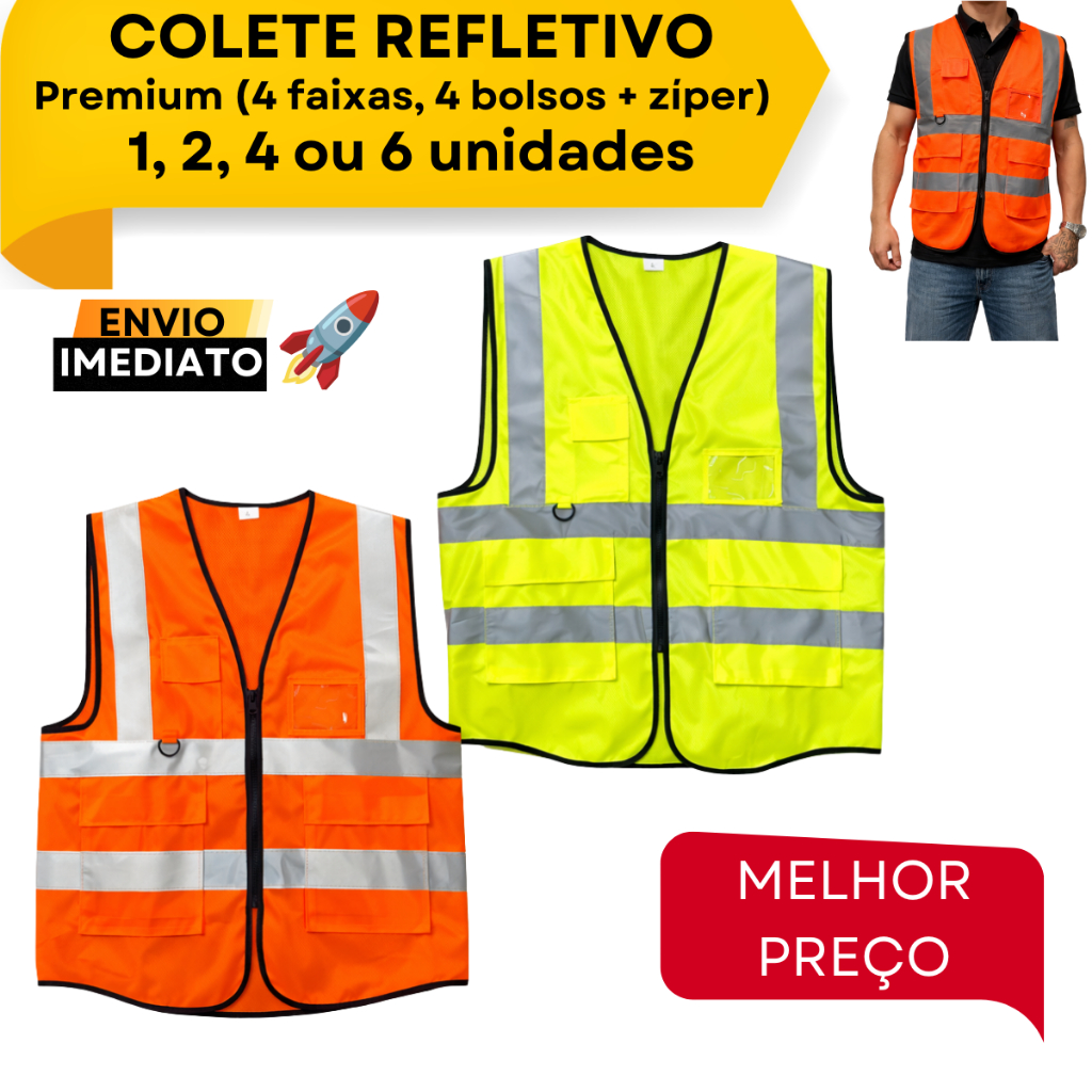 Colete Refletivo 1/2/4/6 4 Bolsos 4 Faixas Segurança Sinalização Obra Transito Motoboy Rodovias Construção Indústria