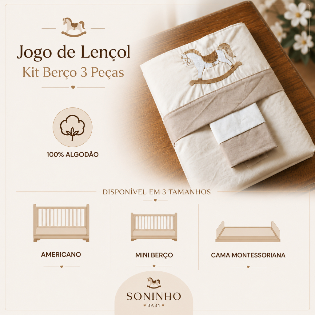 Jogo de Lençol para Berço 3 Peças com Elástico + Fronha, Tecido Macio para Bebê Antialergico
