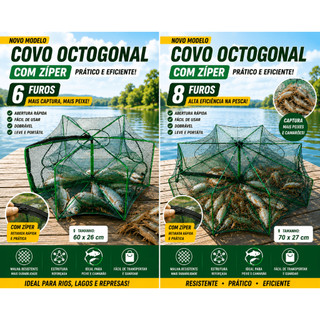 Covo de Pesca Octogonal Dobrável com Zíper Portátil Novo Modelo Alta Captura