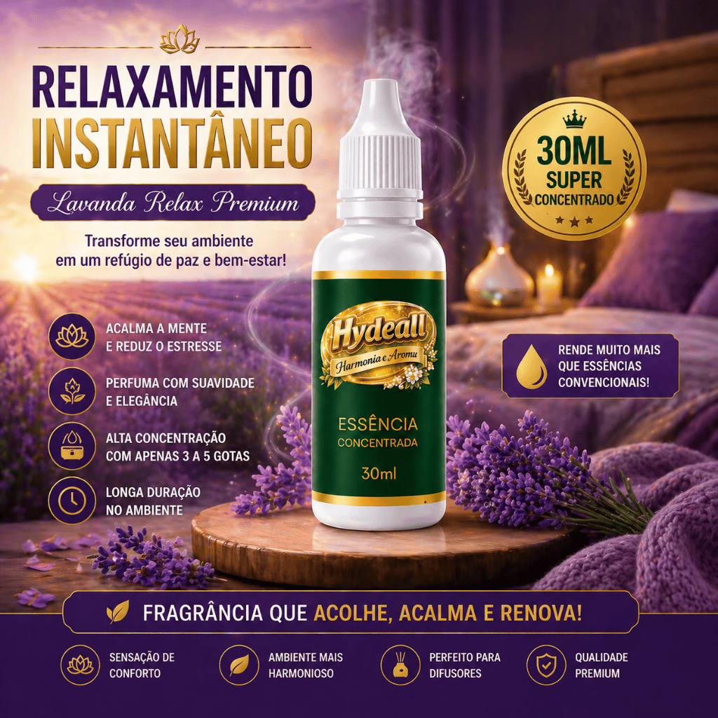 Essência Lavanda Relax Concentrada 30ml Premium Hydeall para Difusor, Umidificador e Aromatizador
