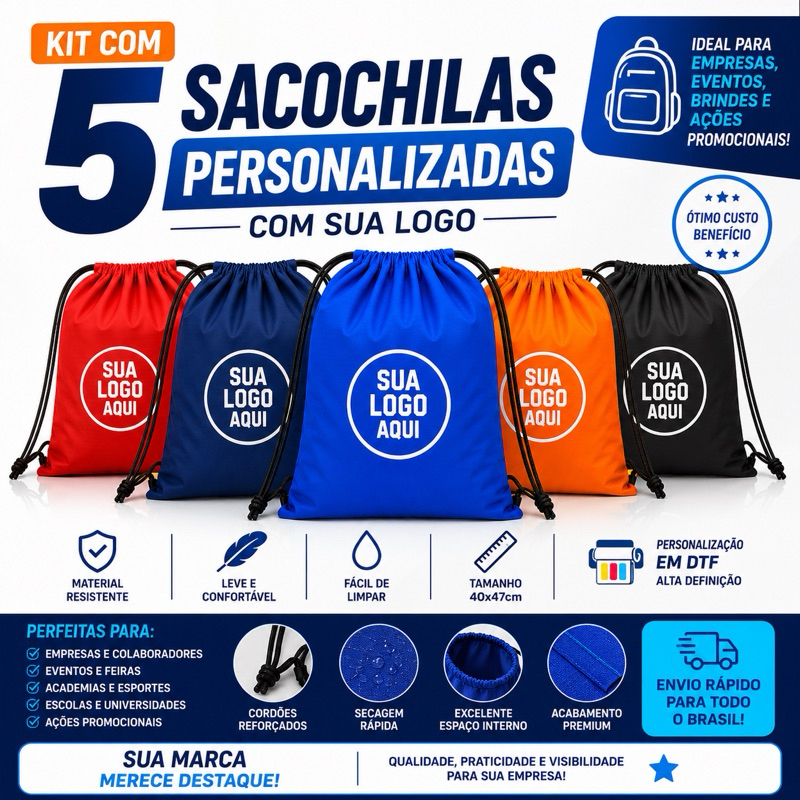 Kit 5 Sacochilas Personalizadas com Logo 40x47cm em Tactel Mochila Saco Brindes Empresas Eventos