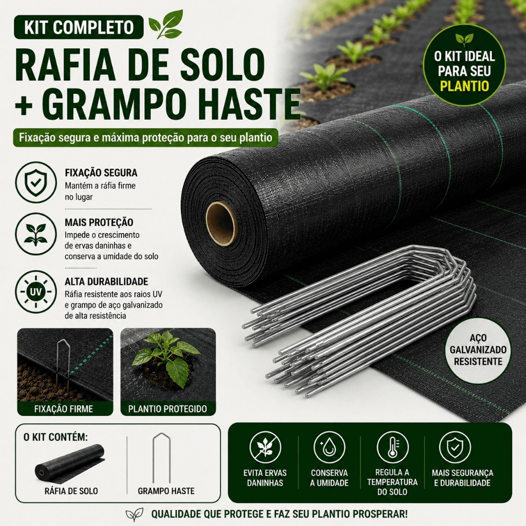 Ráfia de Solo Preta 4,20x3 +10 Grampos para Fixação Contra Ervas Daninhas Jardins Camping Canteiro