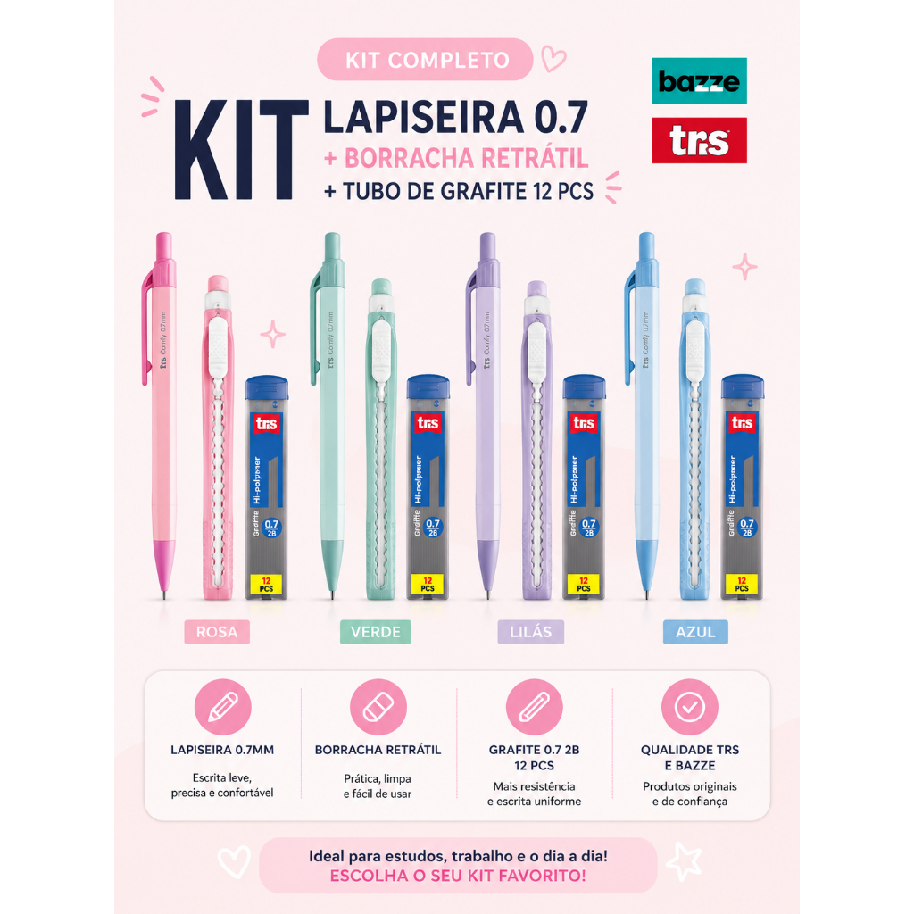 Kit Lapiseira 0.9 + Borracha Retrátil + Grafite 2B | Material Escolar Completo | 4 Cores Rosa Azul Verde Roxo