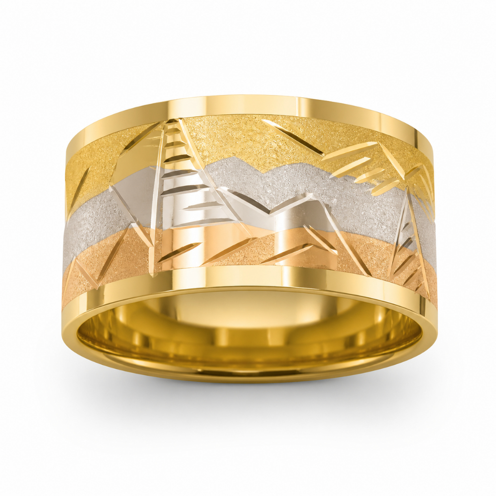 Anel Escrava Desenhos Egípcios Tricolor 3 Cores Ouro 18k 750