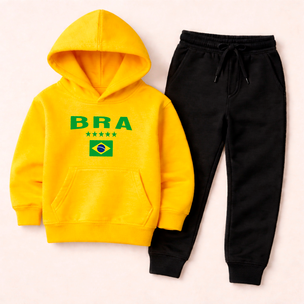 Conjunto de Moletom Infantil Brasil Seleção Brasileira Copa do Mundo Amarelo Premium Unissex
