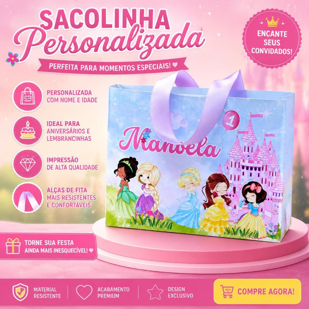 Kit sacolinha personalizada Princesas - Princesas Cute/Baby com nome e idade -lembrancinha infantil pegue e monte