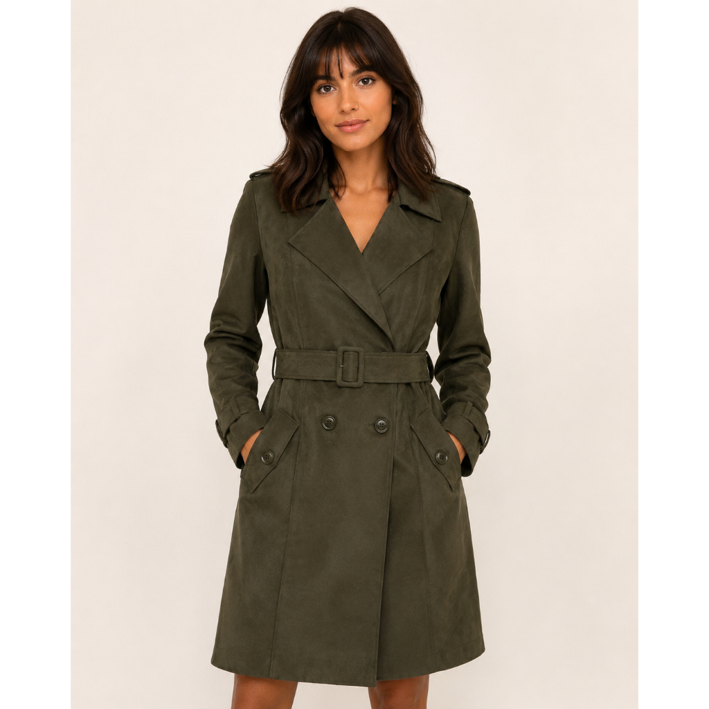Sobretudo Feminino Verde Oliva Suede Camurça Tamanho M ( Brechó )