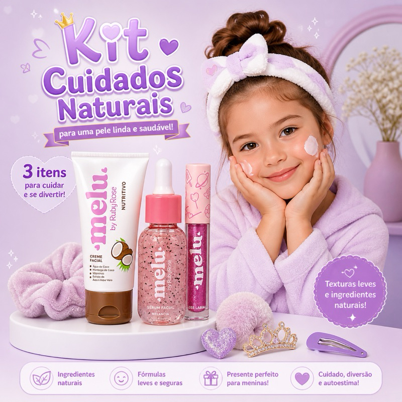Kit Skincare Infantil Melu Ruby Rose Com Sérum Máscara Facial e Lip Gloss