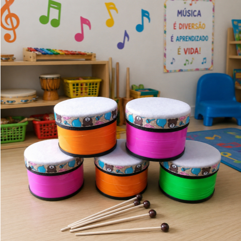 Tambor Colorido Achatado Baqueta Musicalização Infantil Contação Historia Som Terapia Musica Tambor