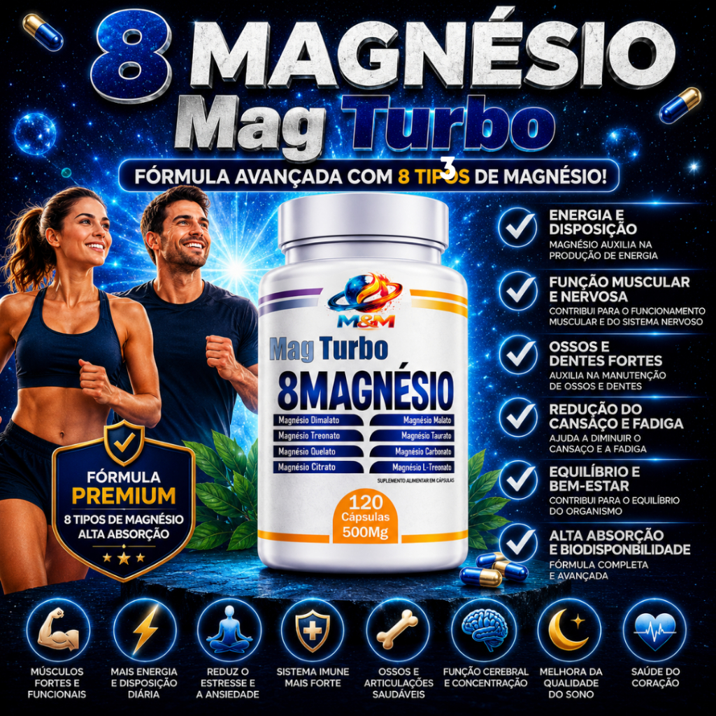 Suplemento 8 Magnésio TURBO DIMALATO QUELATO L-TREONATO BISGLICINATO TAURATO 120 OU 60 CAPSULAS