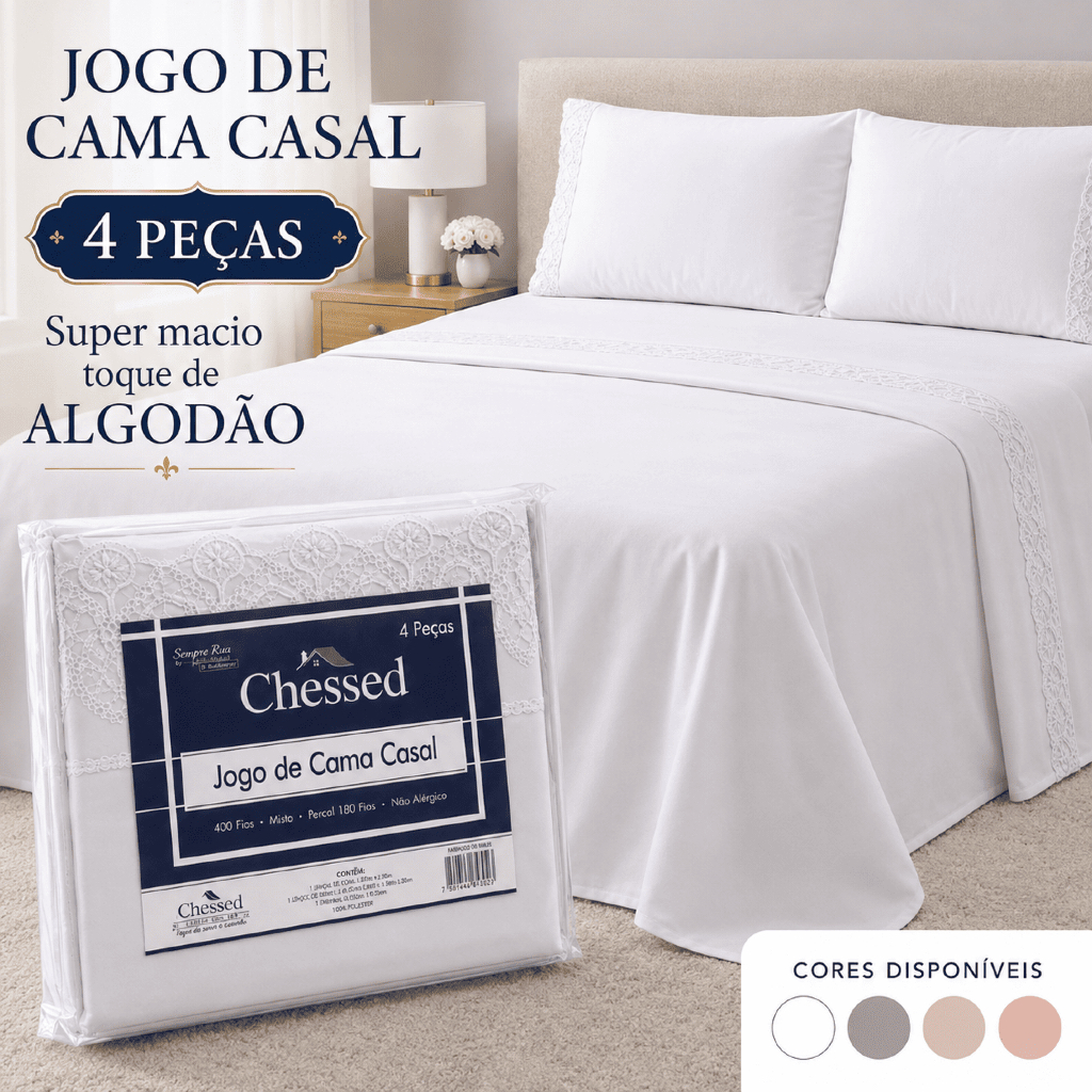 Jogo de Lençol Solteiro ou Casal 400 Fios 3 ou 4 Peças Bordado Ingles Luxo Macio e Elegante