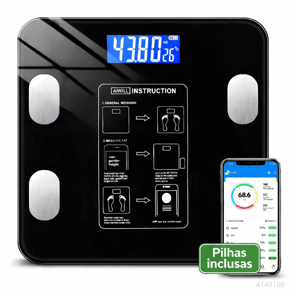Balanca Inteligente Corporal Bioimpedancia Digital Bluetooth App Smart Integrado 180kg Pilhas Gratis