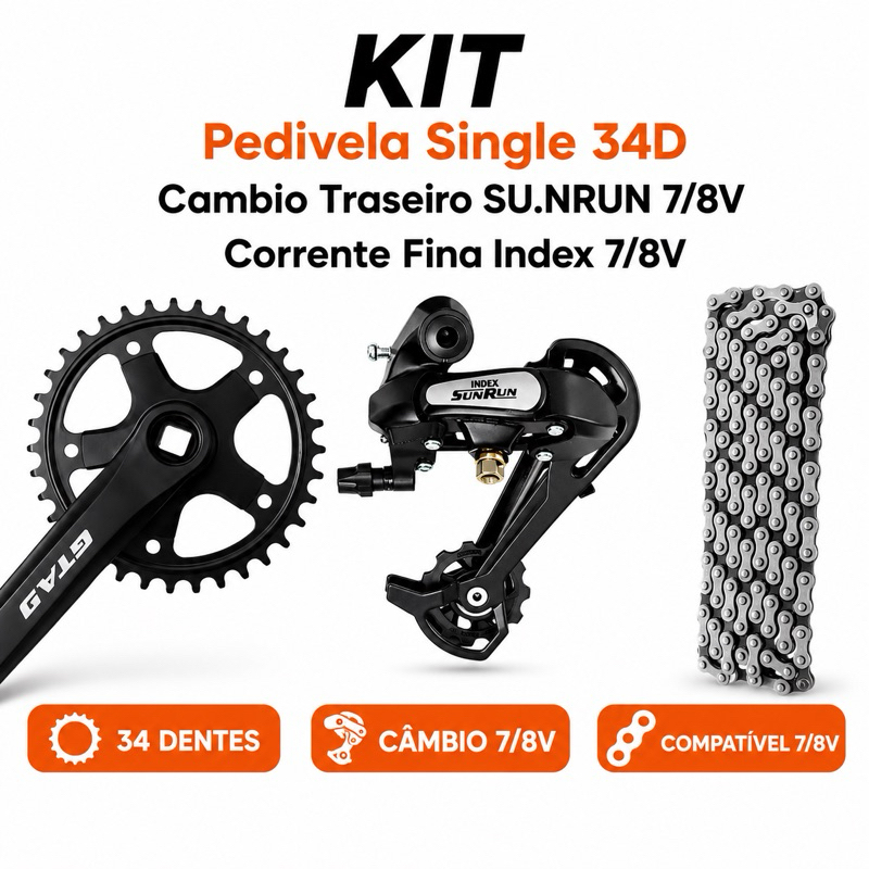 Kit Transmissão 7/8V Pedivela Aço 34D + Câmbio Traseiro 7/8v + Corrente Index 7/8v Bike Bicicleta MTB Aro 26 27.5 29