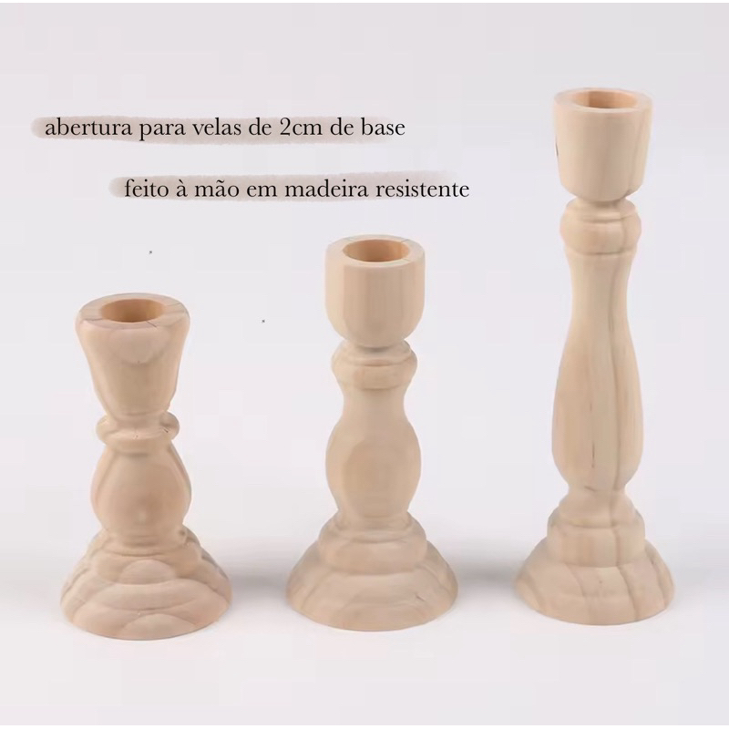 Castiçal de Madeira Torneado | Kit com três unidades | Farmhouse | Decoração rústica | Casa de Campo | Provençal