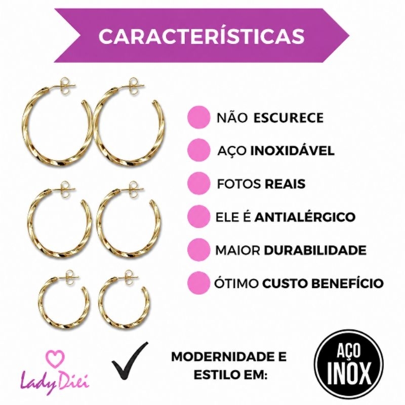 Brinco Argola Moderna Aço Inox 3 Cm Dourado Luxo Não Escurece — imagem 2 de 2