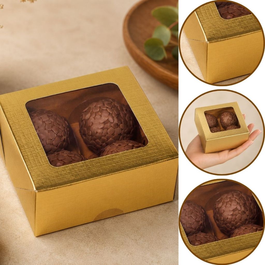 10~50 CAIXA LAMINADA C/ VISOR (04 DOCES) 4x8x8 cm OURO ID4668 (CHOCO)