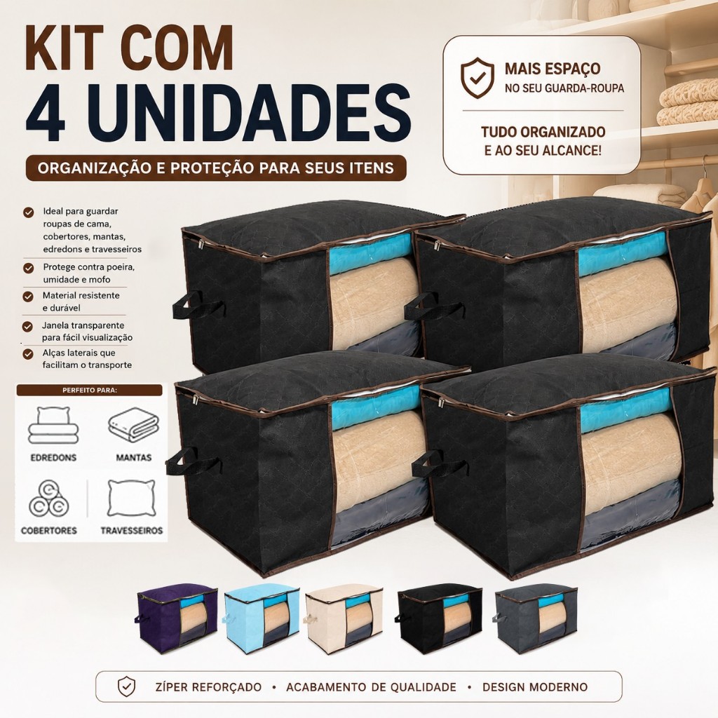 Kit 4 Caixas Organizadoras 60X40X35 Grande de Roupas Cobertas TNT Com Tampa Anti-Poeira Multiuso