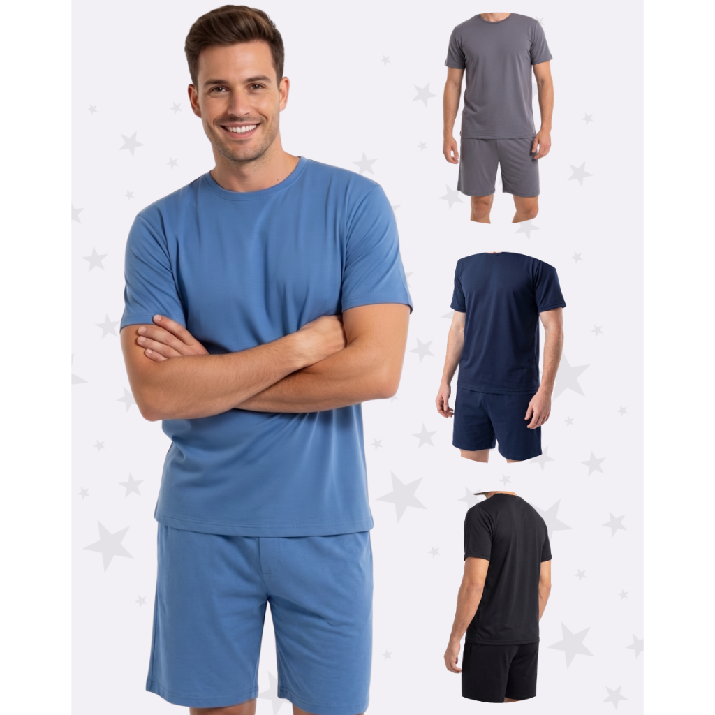 Kit C/Camisa e Short Masculino Pijama Malha Leve Alta Qualidade Tecido Reforçado Promoção