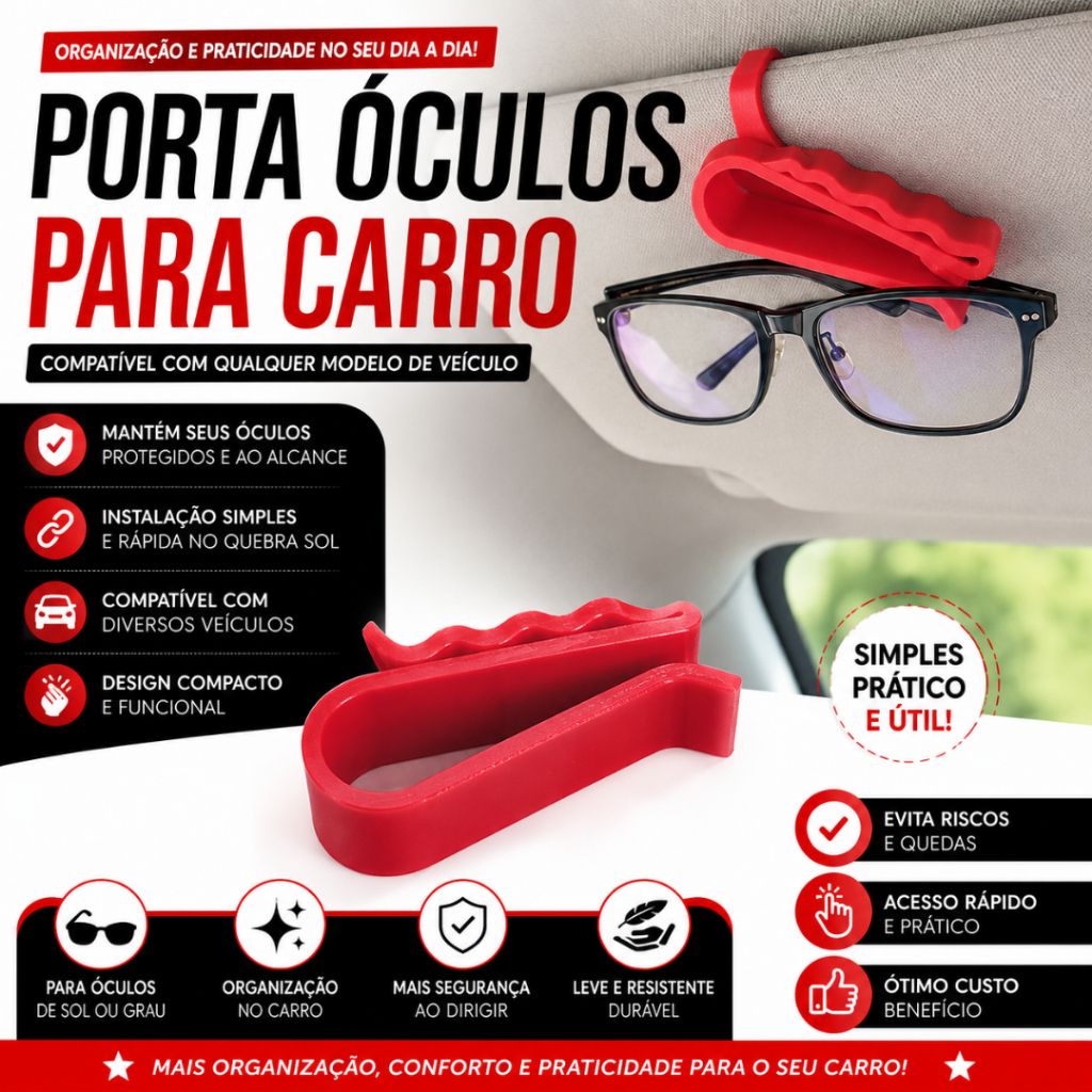 Porta Óculos para Carro Quebra Sol Universal | Suporte Clip Veicular Organizador Automotivo Prático