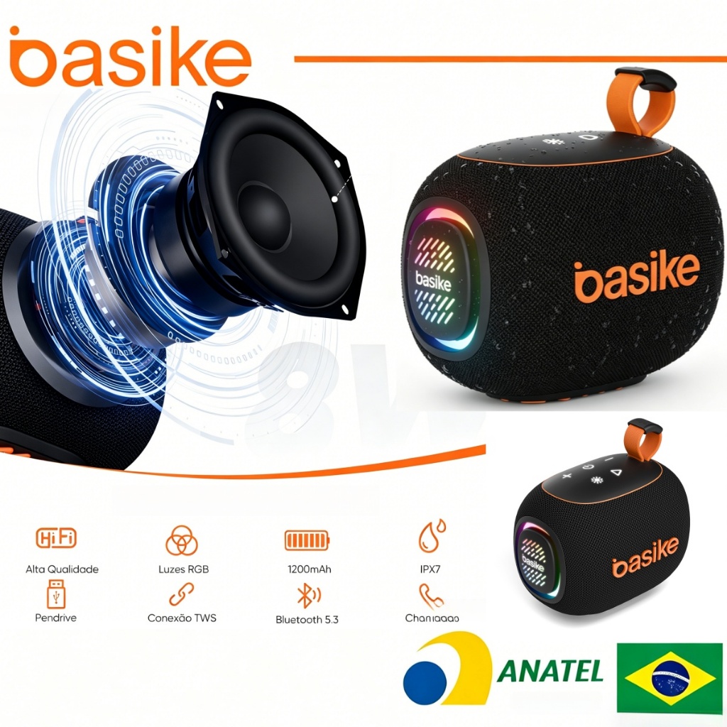 Basike Caixa Som Bluetooth Tws Grave Potente Bateria Portátil Grave Potente Com Radio prova d' água