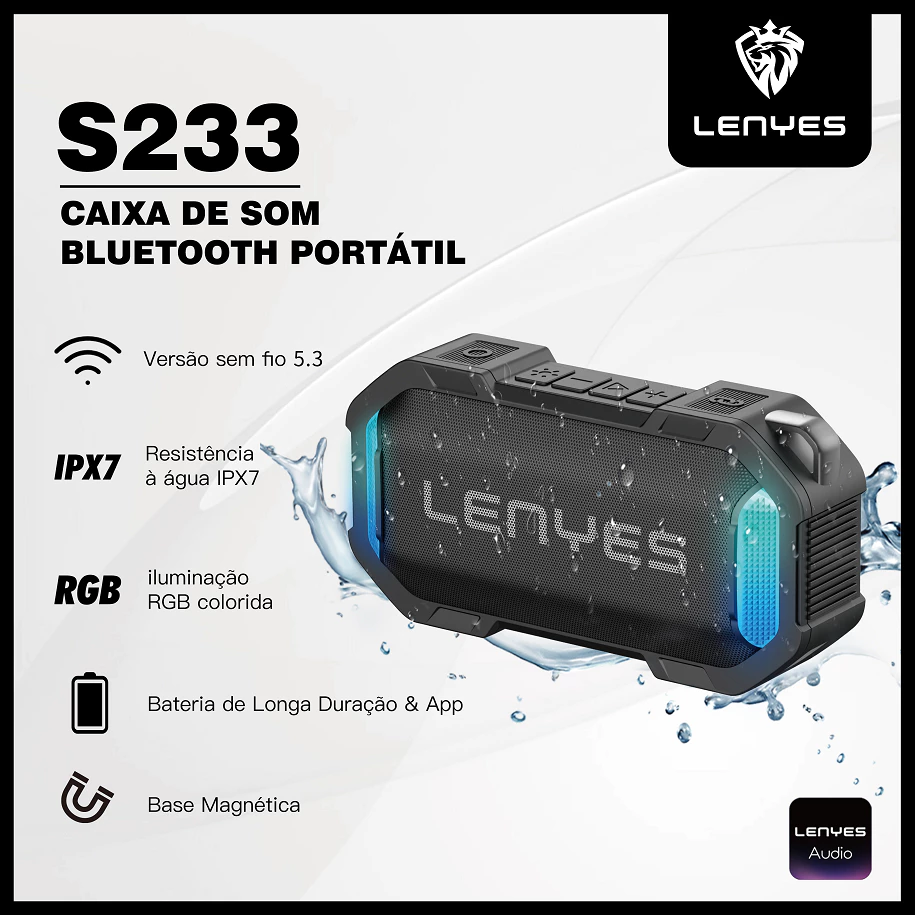 Caixa de Som Bluetooth Inteligente Portátil 5.3 | TWS | IPX7 | RGB | Controle por Aplicativo-LENYES