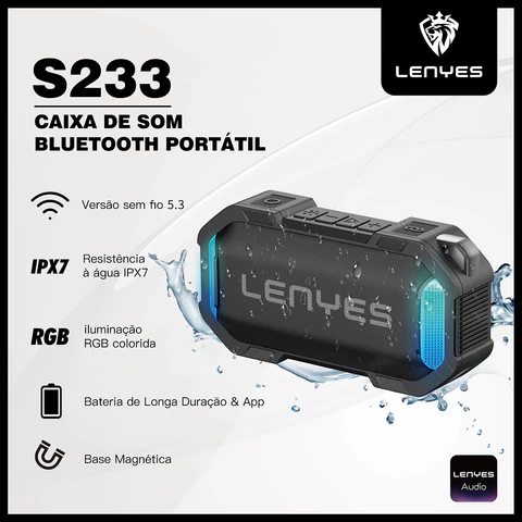 LENYES Caixa de Som Bluetooth Inteligente Portátil 5.3 TWS IPX7 RGB Controle por Aplicativo