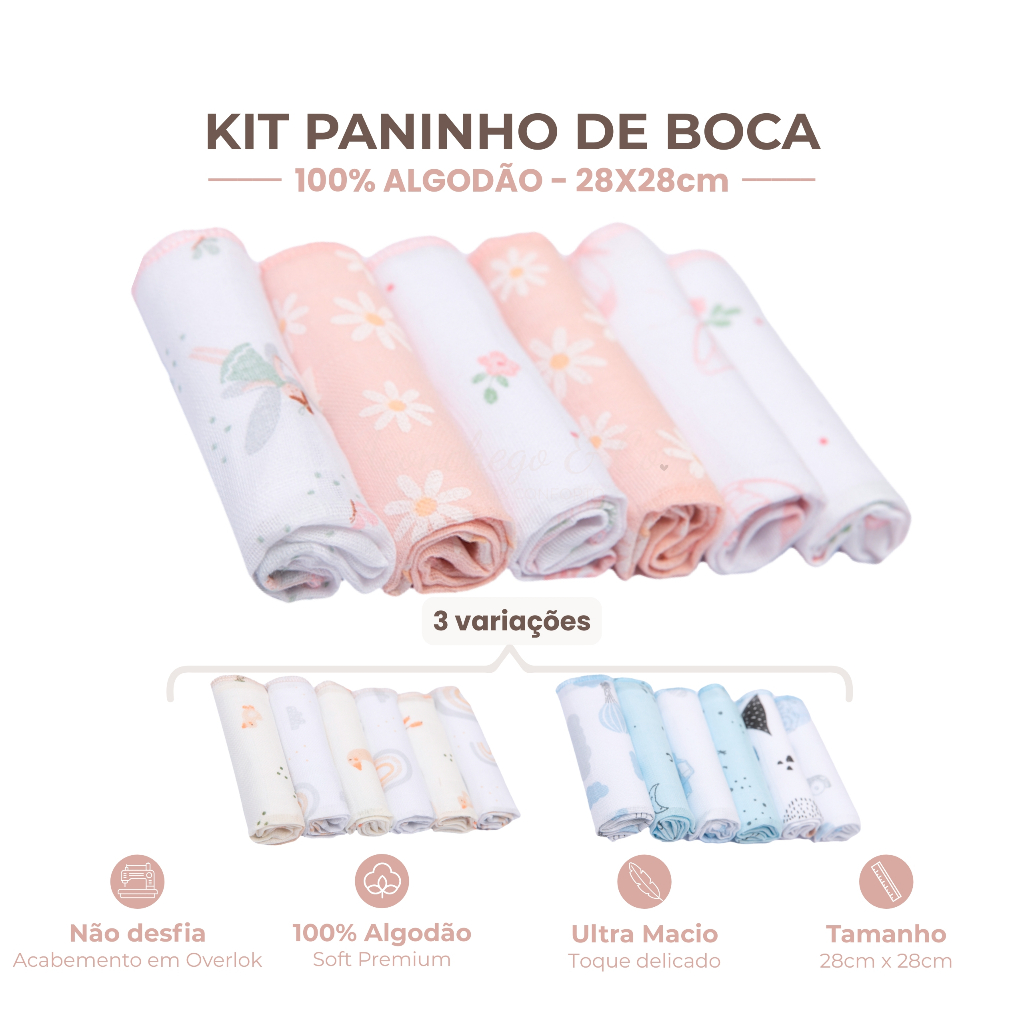 Kit Paninho de Boca Bebê Fralda Soft 100% Algodão Premium Acabemento em Overlok 6 ou 12 Unidades