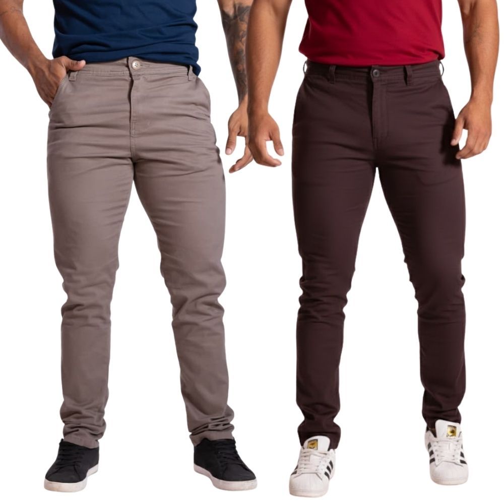 Calças Sarja Masculina Esporte Fino Social Com Elastano Lycra Slim Bolso Embutido Funcional Marron