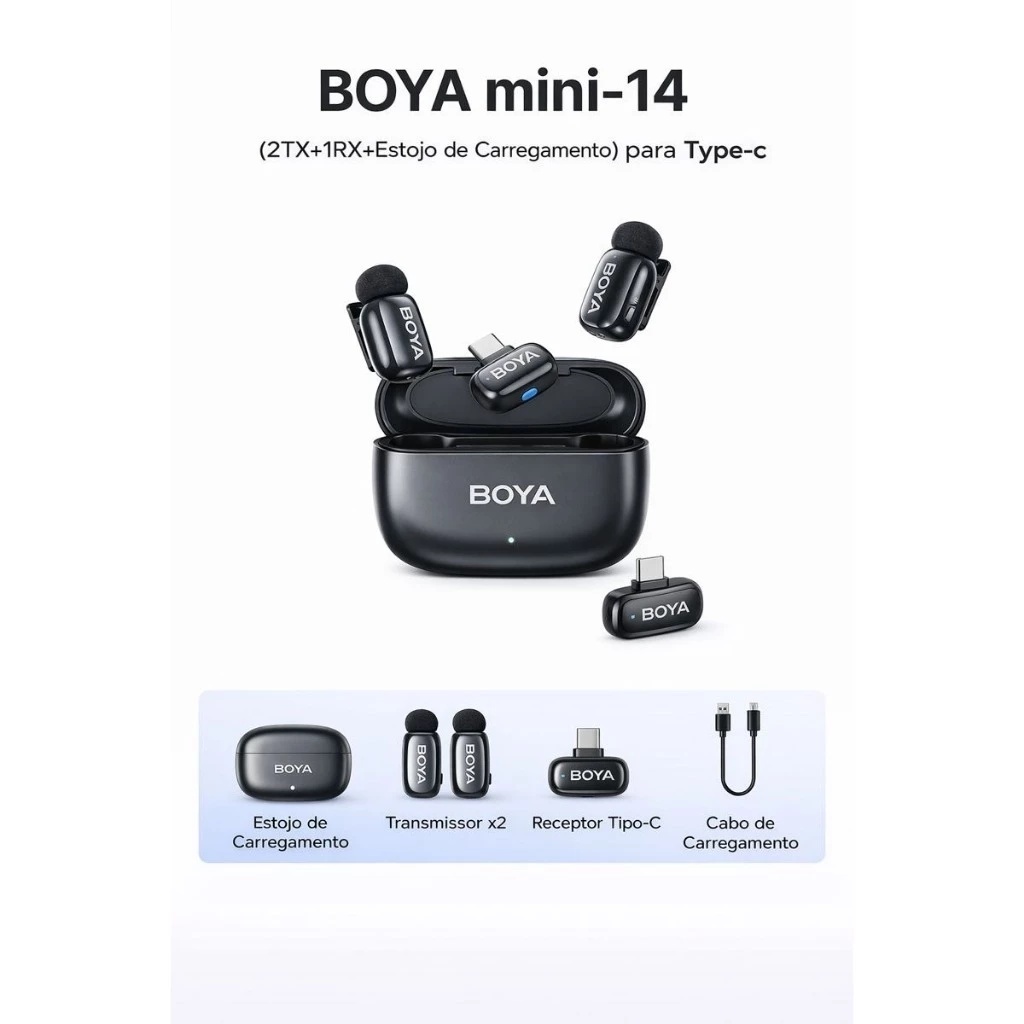 Microfone Sem Fio Boya Boya Mini-14 Usb C Lapela Preto