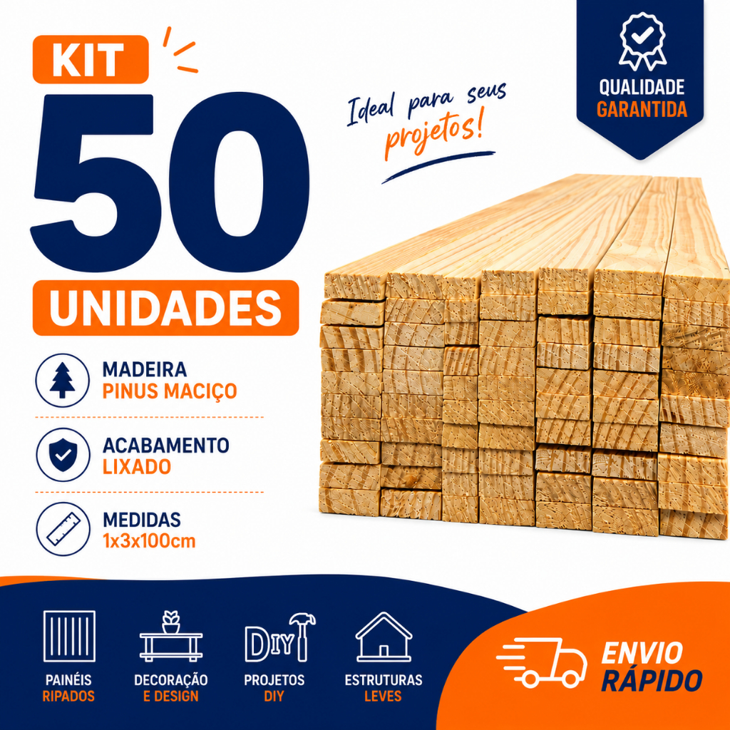 50 Ripas Madeira Pinus 1x3x100cm Artesanato Construção Bricolage