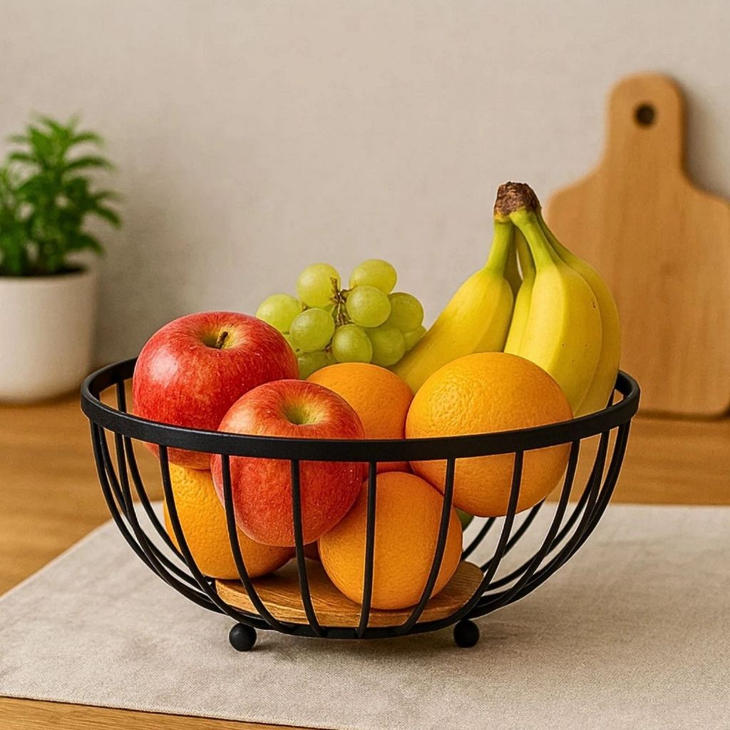 Fruteira De Mesa Rustica De Ferro E Bambu Para Café Da Manhã Multiuso Metal Preto Cesto Organizador