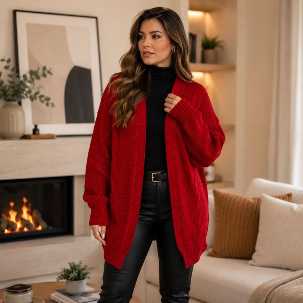 Casaco Cardigan Plus Size Feminino Tricot Lã com Detalhe Frontal em Trança do 46 ao 50 Marister Malhas