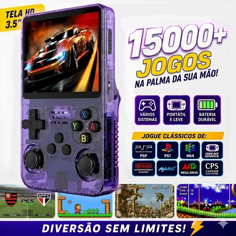 Console Portátil R36HD + de 15.000 Jogos Vídeo Game 64g Linux Tela IPS 3.5 Polegadas