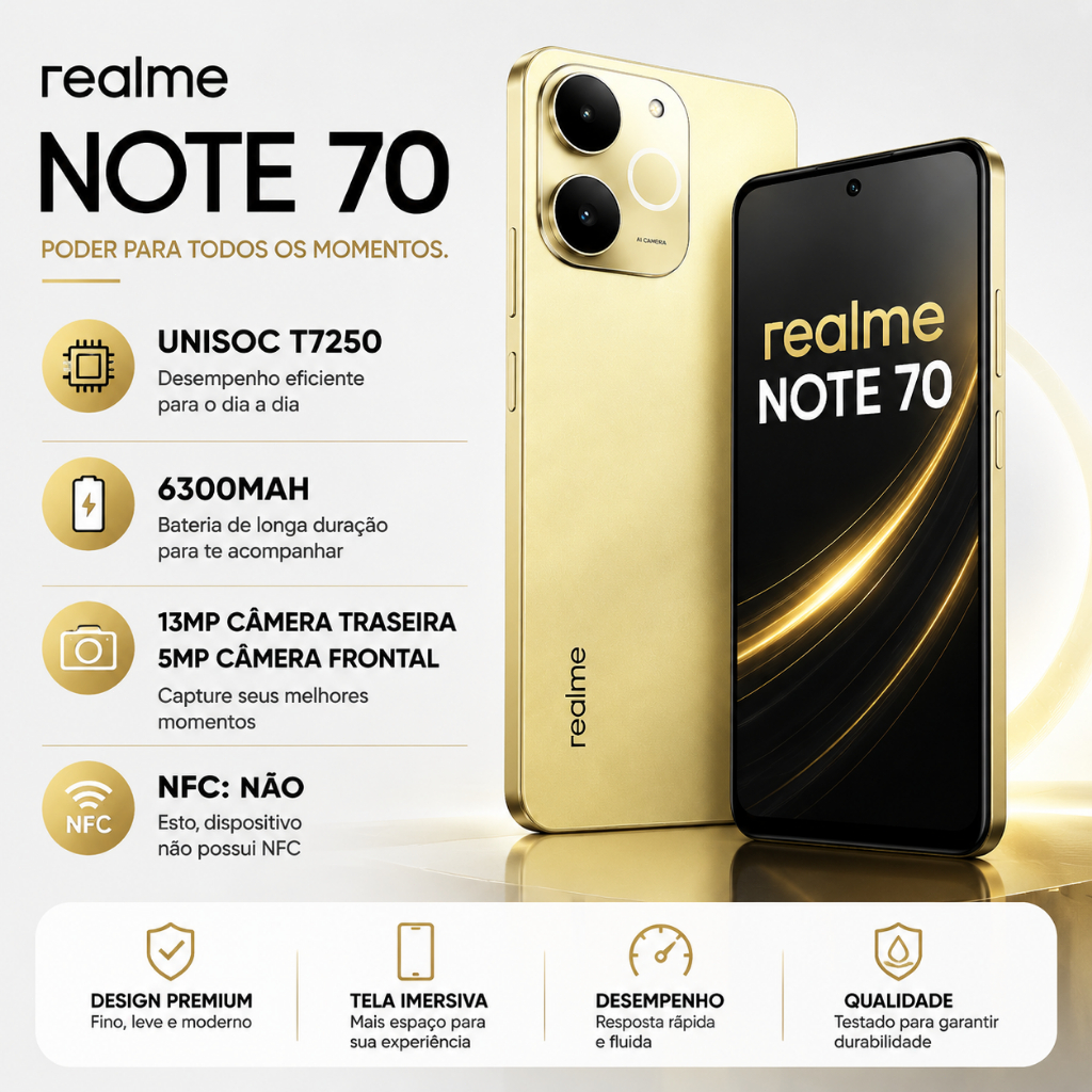 Realme Note 70 4G Processador Unisoc T7250 Versão Global 256/4GB RAM