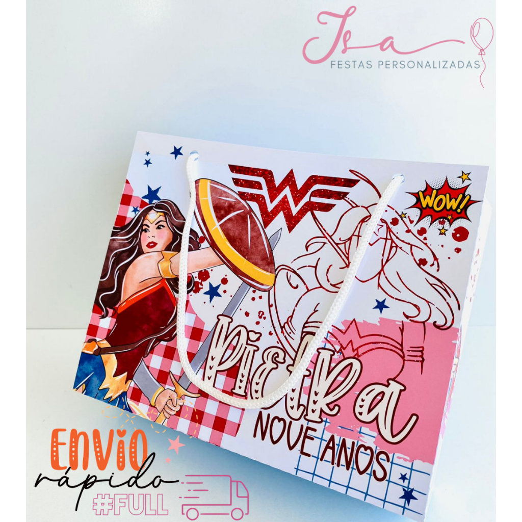 Sacolinhas Mulher Maravilha Personalizadas Kit Festa Infantil Pegue e Monte