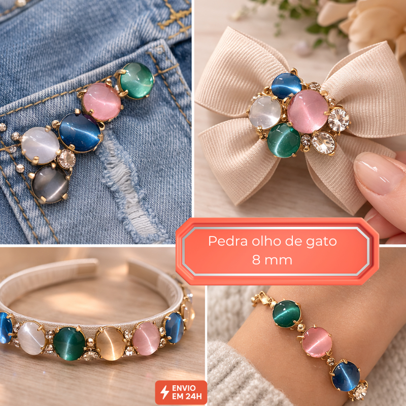 Pedra Olho de Gato 8mm 30 Unid Pedra Mística para Customização Joias, Amuletos e Artesanato