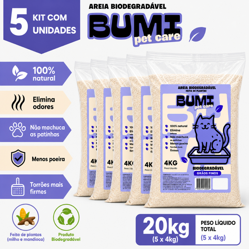 Areia Bumi Pet 20kg Mandioca Natural Alta Absorção Anti Odor Gatos
