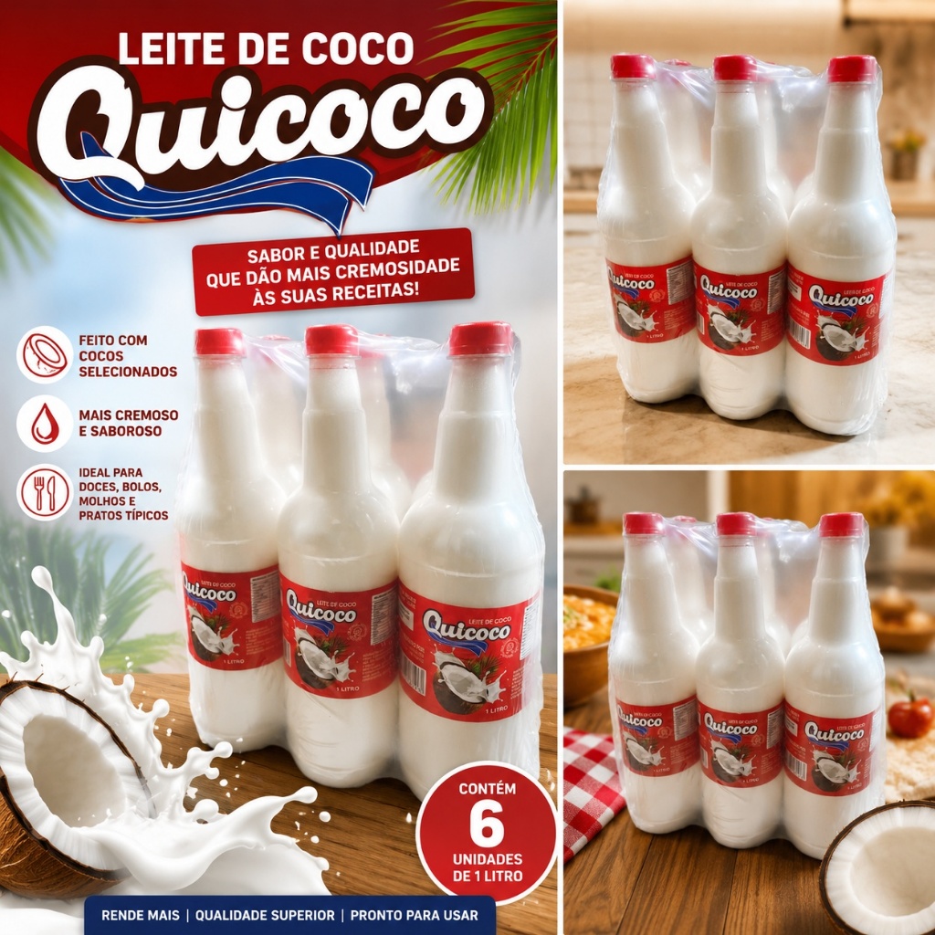 Kit 6 Leites de Coco Quicoco 1 Litro Original Natural Cremoso para Moquecas Vatapá e Receitas Baianas