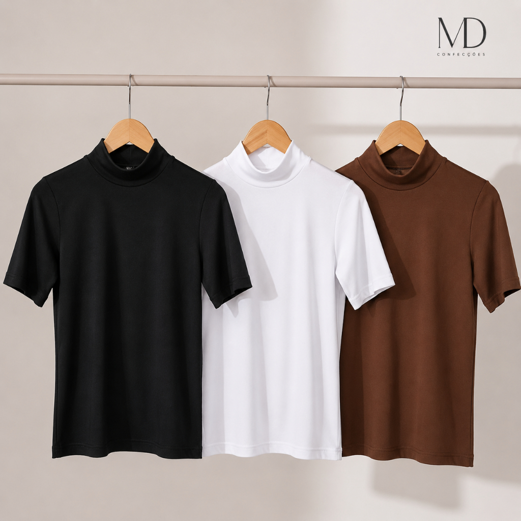 Kit 3 T-Shirt Feminina Blusa Gola Alta Camiseta Manga 3/4 100% Algodão Básica